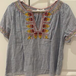 Madewell Blue Striped Embroidered Blouse - Size Medium